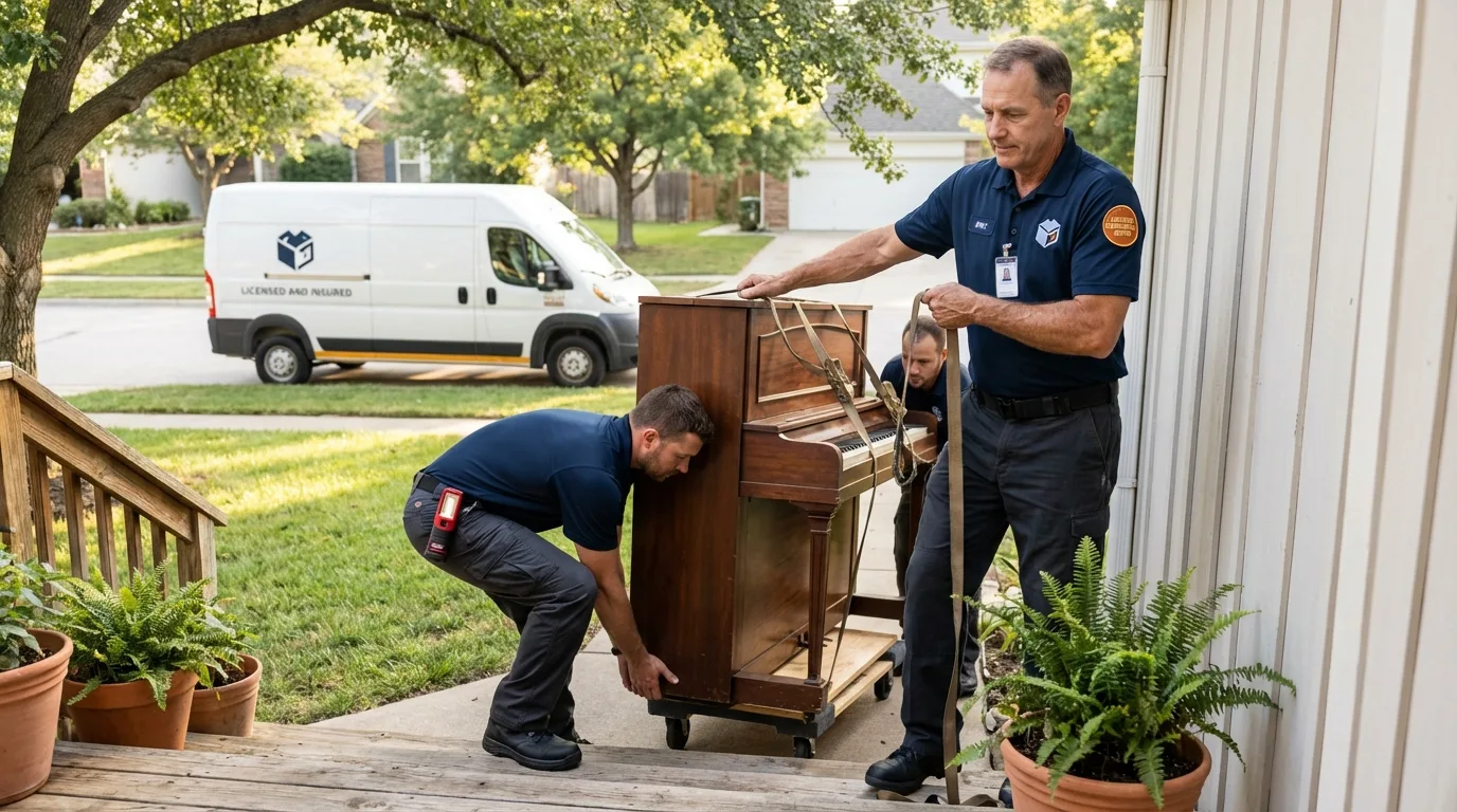 Licensed piano movers securing grand piano in Somerset, WI