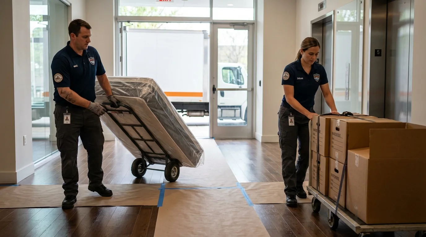 Professional apartment movers loading elevator in Somerset, WI