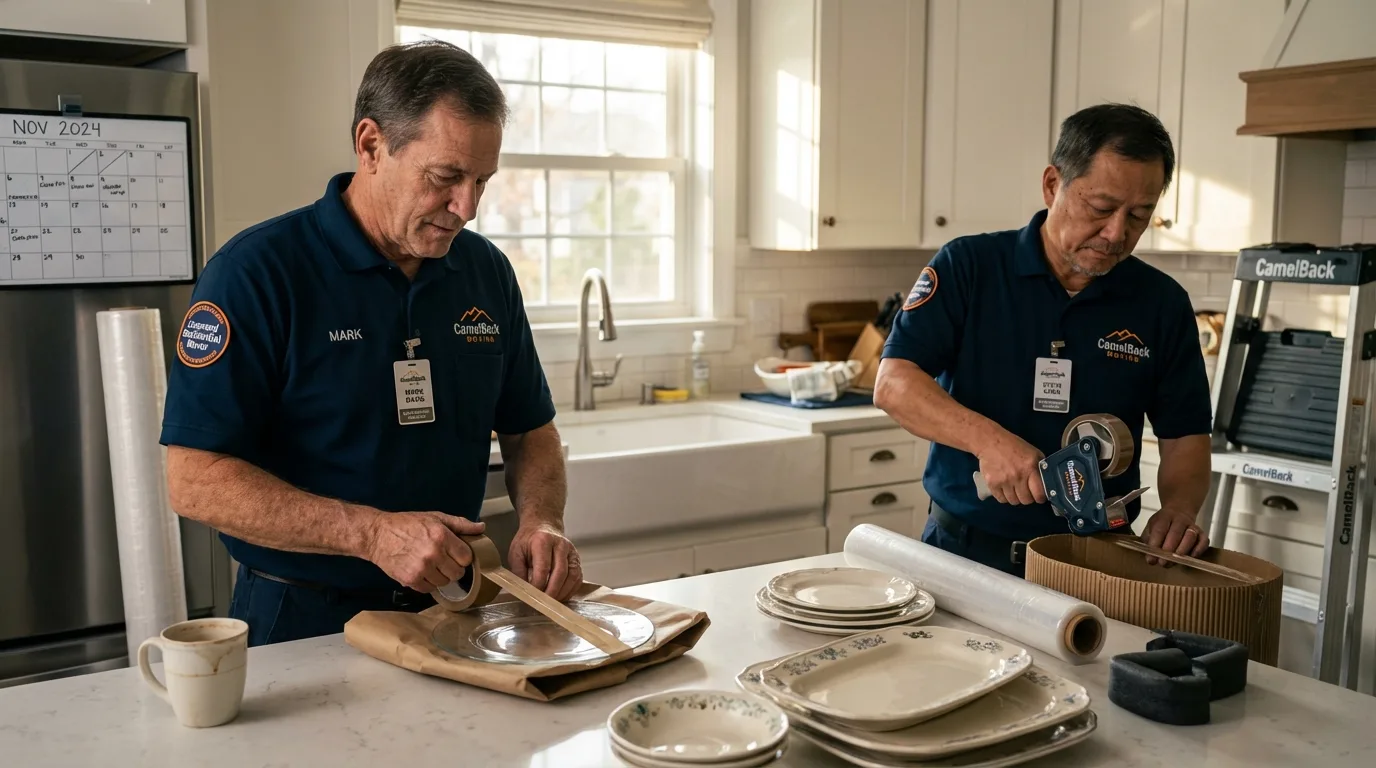 Professional crew packing kitchen dishware in Somerset, WI